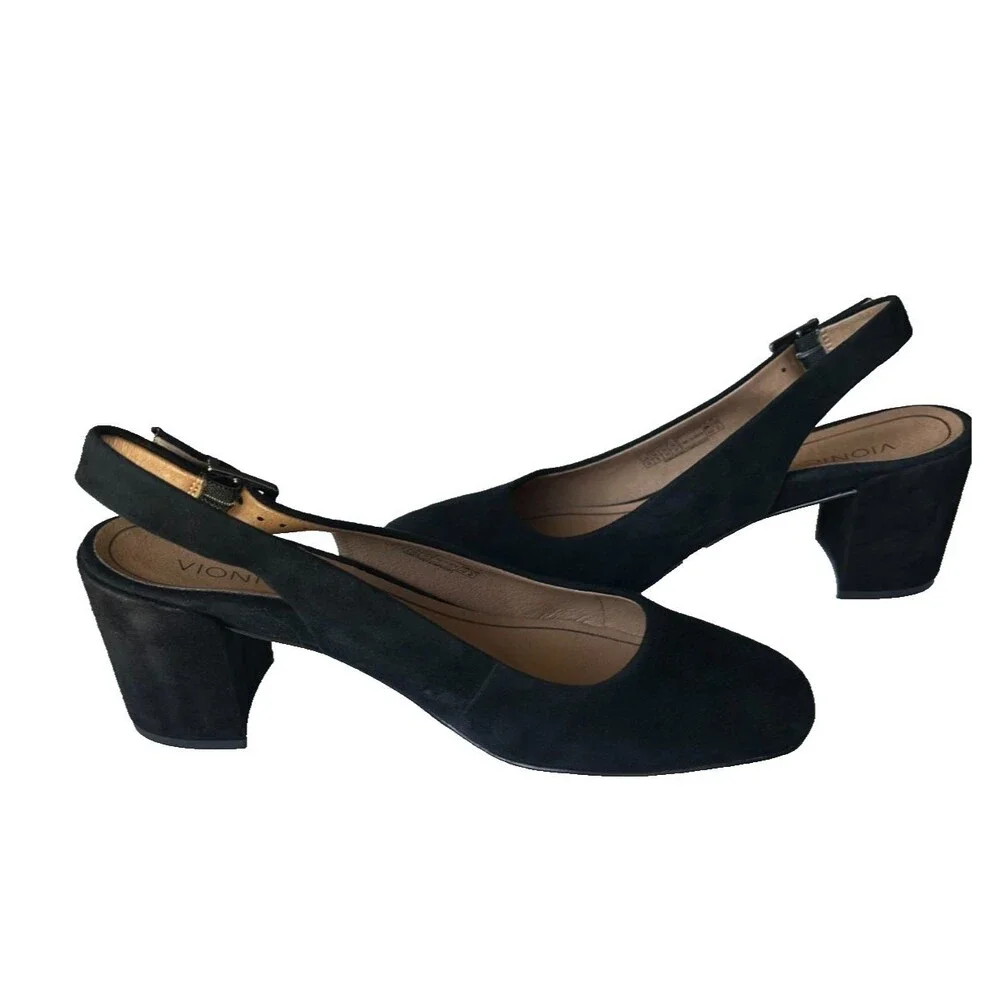 Vionic Nareen Plaza Black Suede Slingback Block Heel Comfort Shoes Size 10